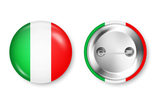 istock Realistic button badge with printed Italian flag. Souvenir from Italy. Glossy pin badge with shiny metal clasp. Product mockup for advertising and promotion. Vector illustration 1450451867