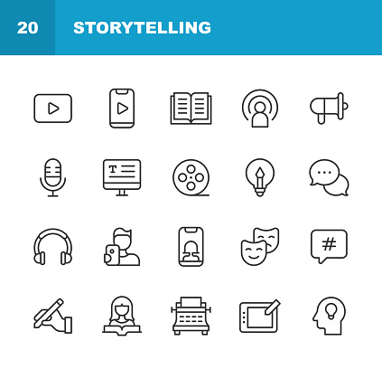 20 Storytelling Line Icons. Advertising, Art, Article, Audio, Audiobook, Book, Brand, Business, Cinema, Communication, Content, Creativity, Drawing, Dream, Hashtag, Headphones, Idea, Imagination, Inspiration, Marketing, Media, Microphone, Movie, Music, Newspaper, Photography, Play, Podcast, Reading, Sharing, Sleep, Social Media, Speech Bubble, Story, Storytelling, Tale, Technology, Text, Text Messaging, Theatre, Typewriter, Video, Video Call, Video Conference, Watching, Writing.