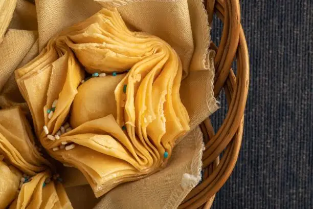 Top view of fried pastries stuffed with sweet potato or quince. Typical Argentine food.