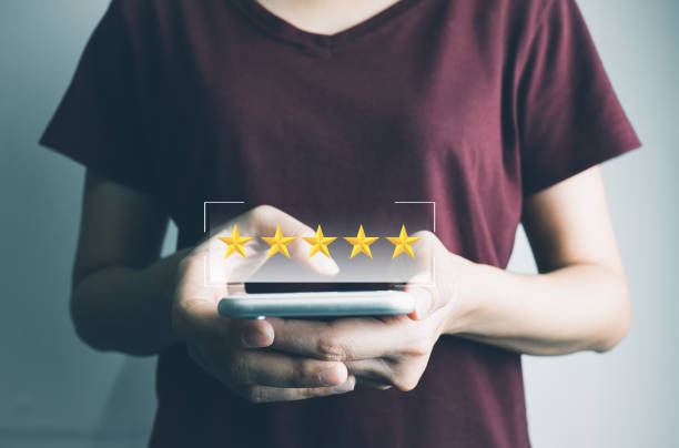istock Customer satisfaction assessment rating 5 stars online, User has received excellent service, Review the highest rated service, the best attention, impressed very good service, feedback from guest 1450456801