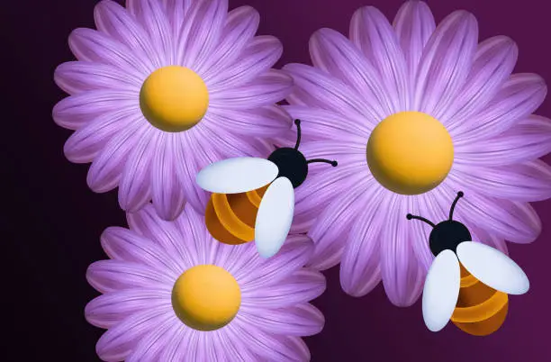 Vector illustration of Bees with flowers 3d top view. Insects pollinate pink gerberas in the garden, field, lawn. The process of collecting honey, nectar. Bee in the apiary, spring time, purple flowers. Vector illustration.