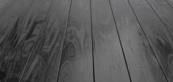 Black varnished wooden plank boards. Perspective view of the wooden floor