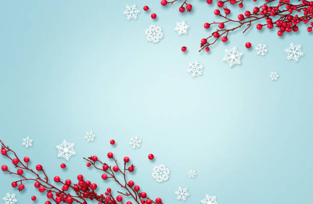 istock Christmas background with red berries and snowflakes. 1450460302