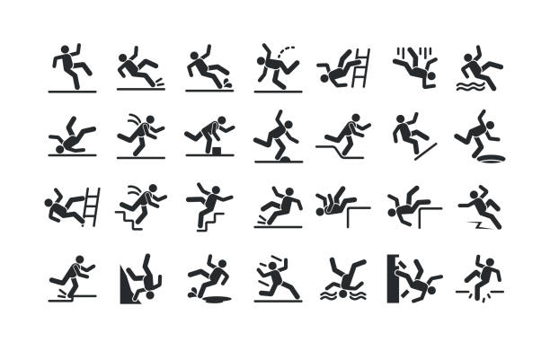Set Of Caution Symbols With Stick Figure Man Falling from Ladder, Slip on Wet Floor, Fall Down The Stairs Set Of Caution Symbols With Stick Figure Man Falling from Ladder, Slip on Wet Floor, Fall Down The Stairs And Over The Edge. Workplace Safety Warning. Vector Illustration Isolated On White Background people walking down stairs stock illustrations