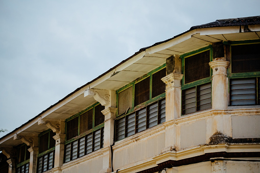 Image of old heritage houses and close up architectural details in George Town, Penang, Malaysia.