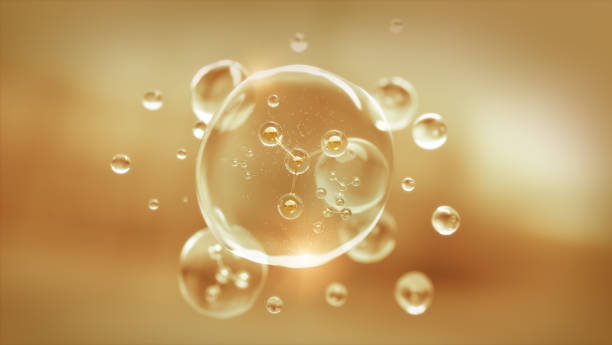 3Dレンダリング、金色の背景に液体の泡の中の分子、化粧品のエッセンスオイル
