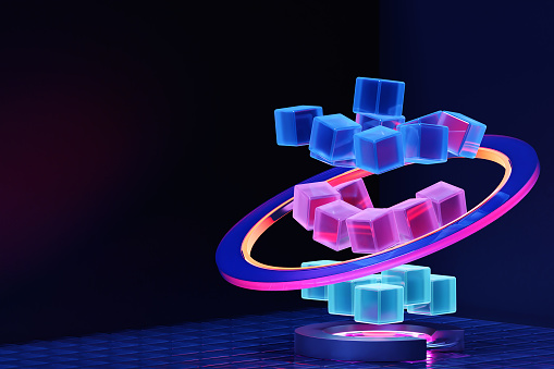 3D illustration volumetric   colorful cubes  on a  black  background. Parallelogram pattern. Technology geometry  background