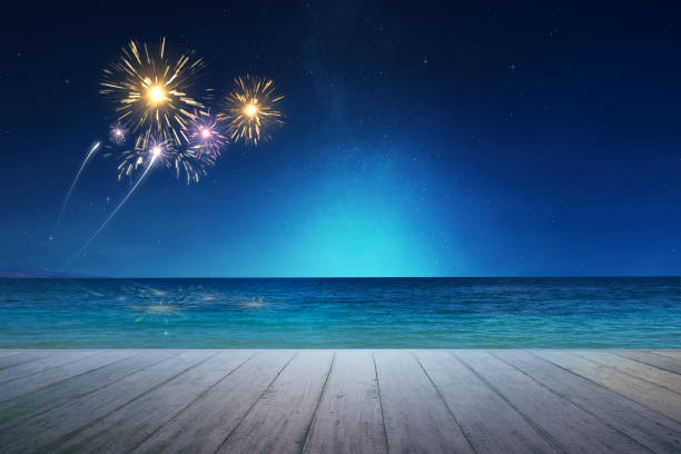 istock Wooden floor with ocean views with fireworks 1450470419
