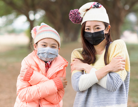 Mother and  daughter wearing face protective medical mask
