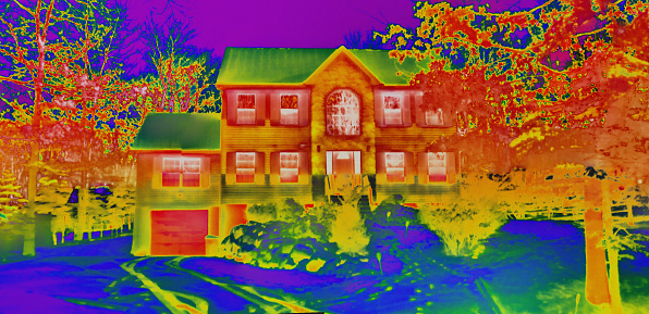 Exterior of a house taken with a heat-sensing camera showing higher amounts of heat emitted in the brighter parts.