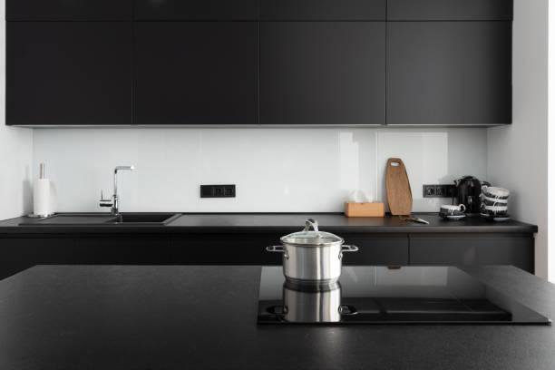 kitchen with dark grey furniture and modern appliances