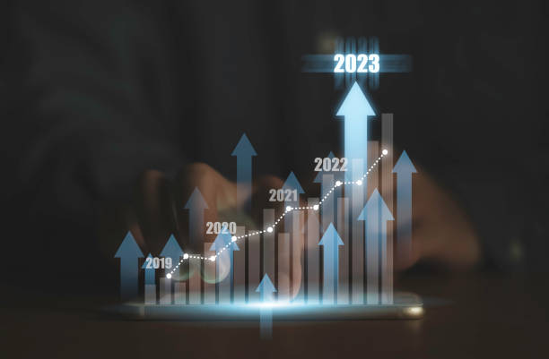 istock Hand touching smartphone with virtual increasing technical graph and up arrow for trader analysis business stock market chart concept. 1450475953