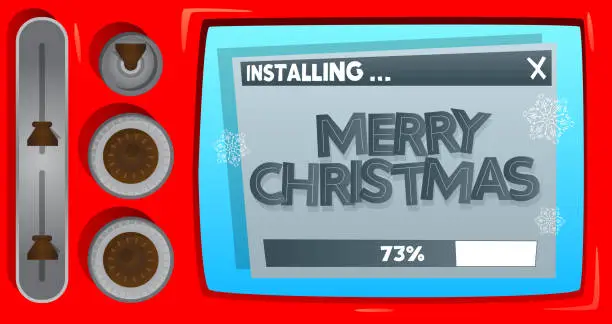 Vector illustration of Cartoon Computer With the word Merry Christmas. Message of a screen displaying an installation window.