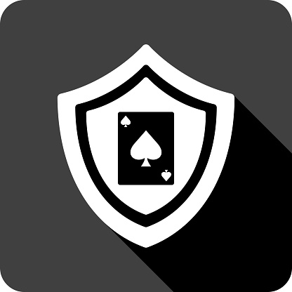 Vector illustration of a shield with ace playing card icon against a black background in flat style.