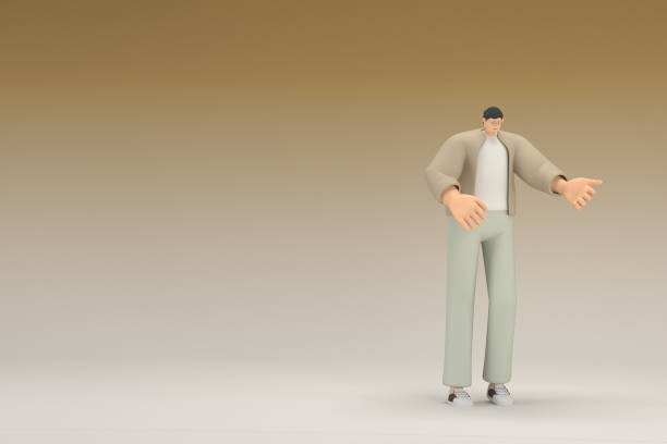 istock A man with glasses wearing brown cloth. He is expression of hand when talking. 3d rendering of cartoon character in acting. 1450488973
