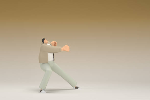 istock A man with glasses wearing brown cloth.  He is pulling or pushing something.  3d rendering of cartoon character in acting. 1450489053