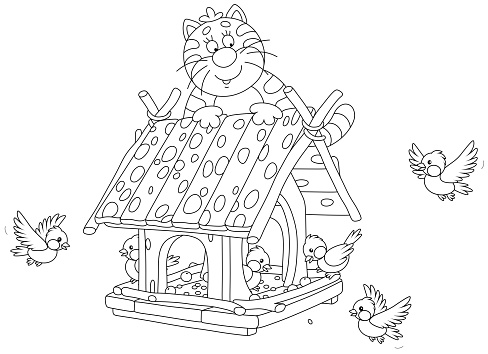 Fat kitten hiding on a roof of a handmade feeder and watching sparrows and titmice flying around, black and white outline vector cartoon illustration for a coloring book