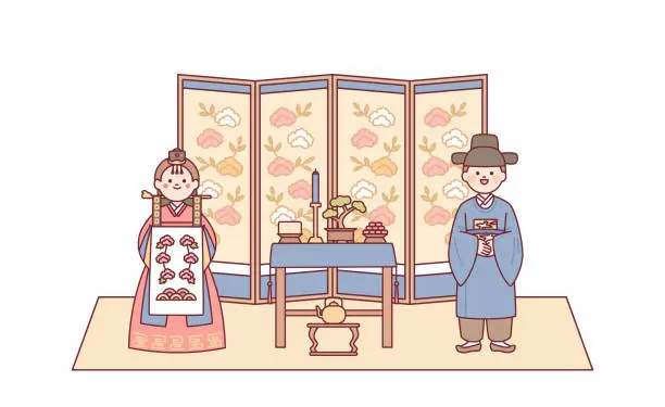 Vector illustration of Groom and bride characters having a traditional Korean wedding ceremony. There is a food table in the middle and a folding screen at the back.