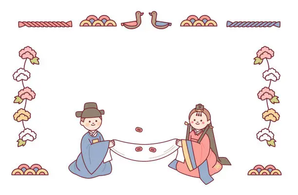 Vector illustration of The bride and groom at a traditional Korean wedding reception. invitation card design.