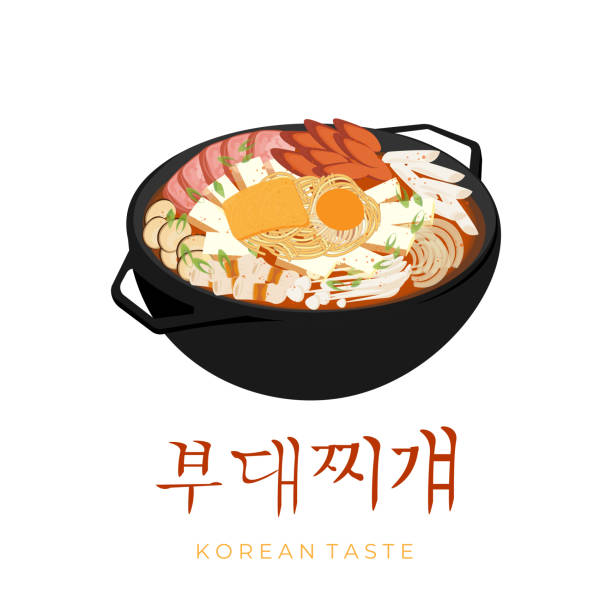 Delicious Korean Budae Jjigae Army Stew Illustration A simple illustration of Korean cuisine made from soup cooked with ham and canned meat mixed with delicious Korean spices korean food stock illustrations