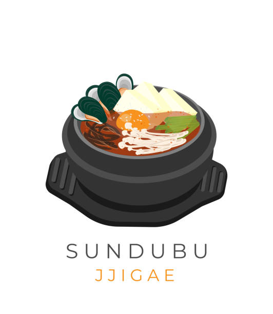 Illustration Korean Food Sundubu JJigae Served Hot Inside Ttukbaegi An illustration of Korean food made from silken tofu. which is made into soup and served with various fillings of vegetables, meat and seafood korean food stock illustrations