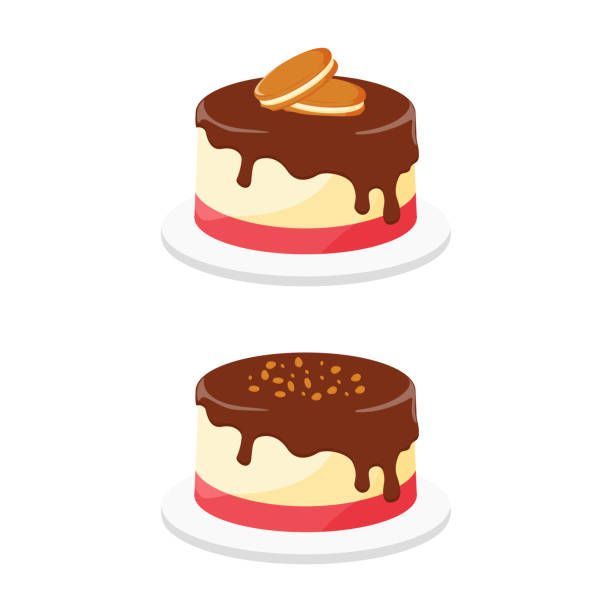 illustrations, cliparts, dessins animés et icônes de conception d’illustration de gâteau au pudding aromatisé à la fraise et à la vanille et garniture au chocolat - chocolate sweet sauce spoon sauces