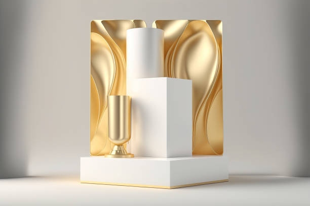 istock Natural beauty empty podium backdrop product display gold and white color. 3d render 1450511571