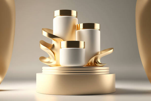 istock Natural beauty empty podium backdrop product display gold and white color. 3d render 1450511577