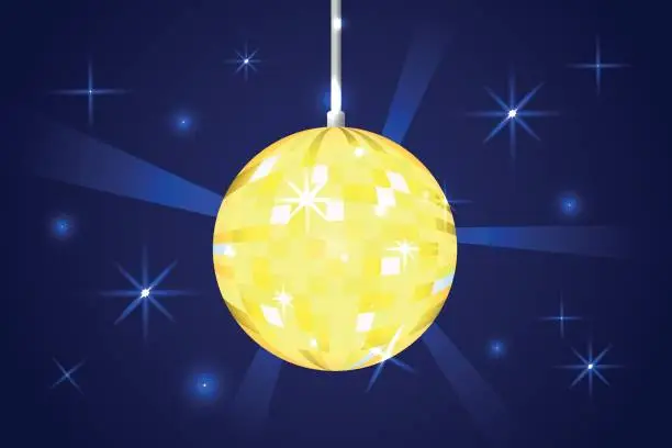 Vector illustration of Shiny disco ball on background. Glowing golden discoball. Night club party luminous equipment