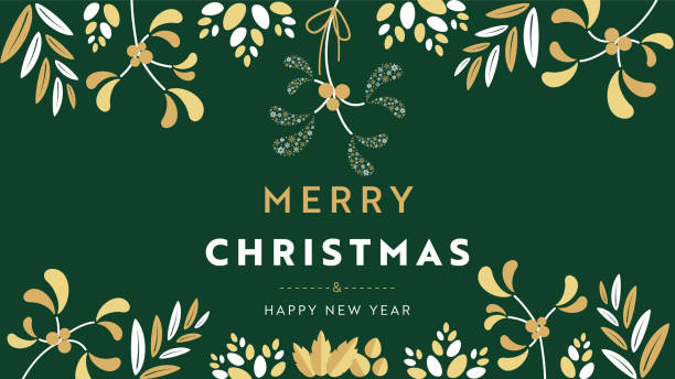 istock Christmas background frame template decorated with mistletoe made of snowflakes and many plants (green) 1450513720