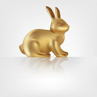 Realistic golden rabbit. 3d Gold metallic Bunny. Vector illustration