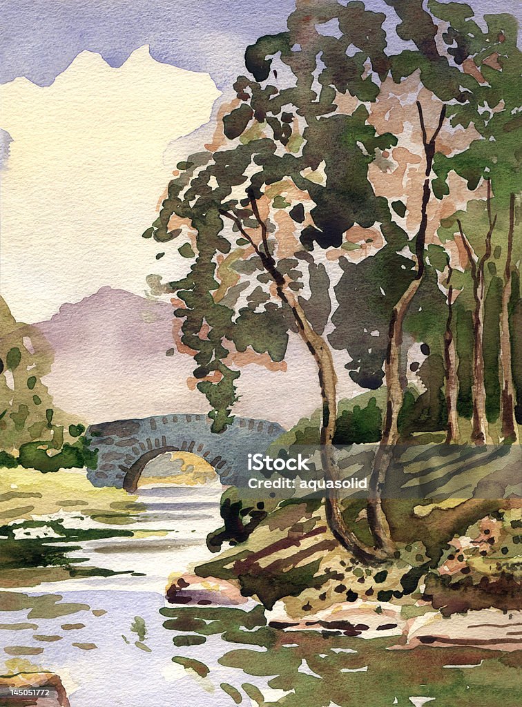 Riverside pintura de acuarela. - Foto de stock de Pintura de Bellas Artes libre de derechos