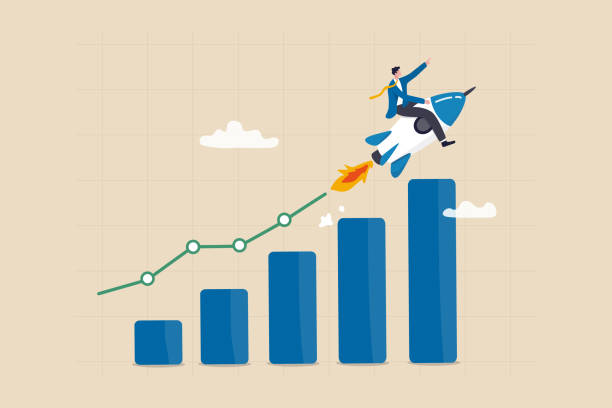 business-rocket-growth-graph-to-the-moon Business growth, investment profit increase, growing fast or improvement sales and revenue, progress or development concept, businessman riding rocket on growth bar graph or rising up revenue chart. determination illustrations stock illustrations