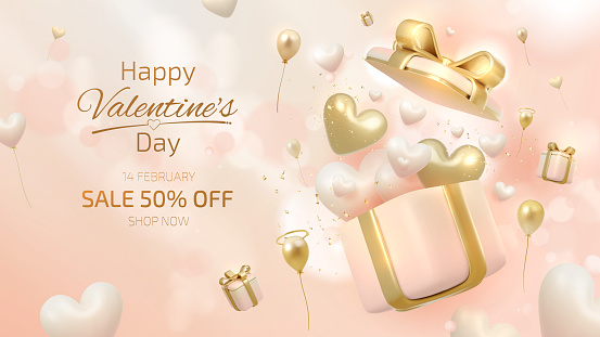 3d realistic heart shape in open gift box and balloons element and ribbon with glitter light effect decoration and bokeh. Valentine's day sale banner template background design.