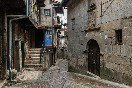 Typical street in the historic town of Miranda del Castañar. Spain.