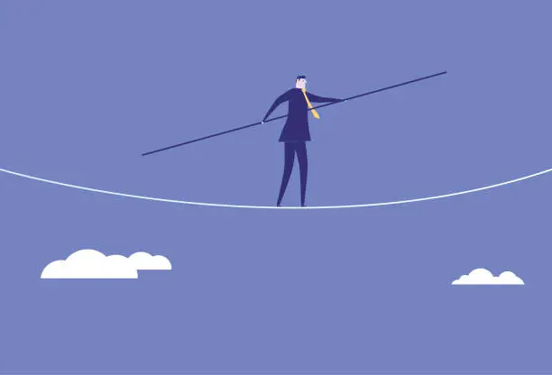 Vector illustration of Business man walks on the wire rope