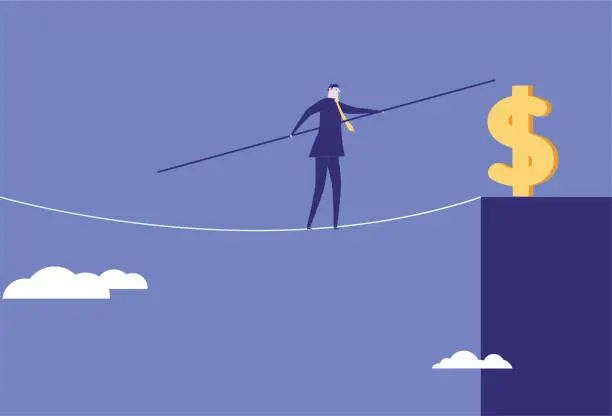 Vector illustration of Business man walks to dollars on the wire rope