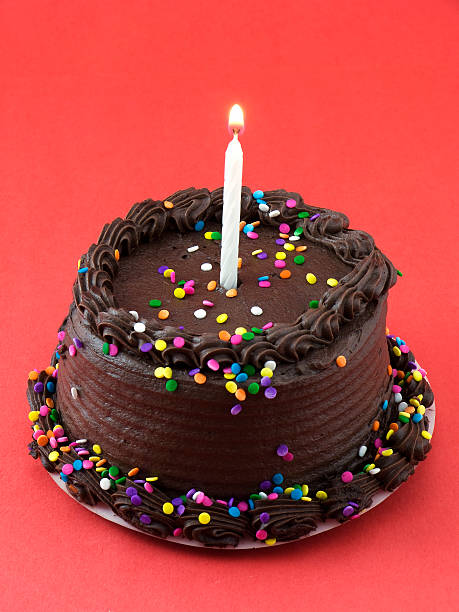 istock Small chocolate cake with one candle and colored sprinkles 145052977