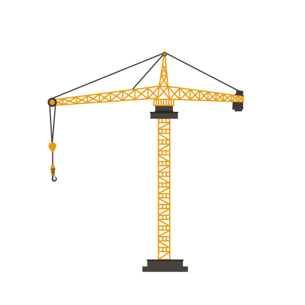 건설 장비 크레인 건물 건설. 평면 디자인 벡터 일러스트 레이 션 고립 된 흰색 배경 - derrick crane crane yellow single object stock illustrations