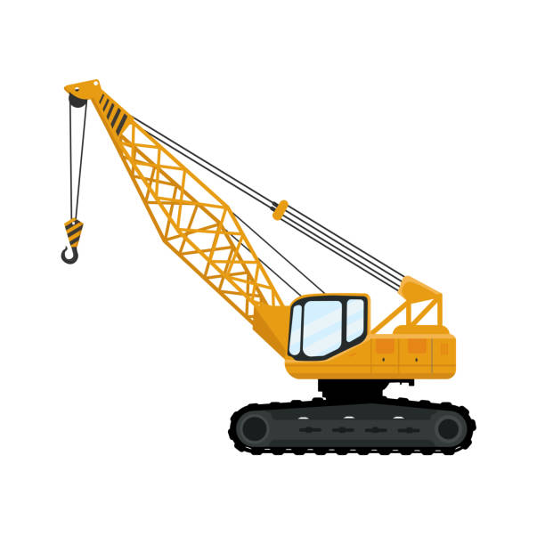 baumaschinenbaggerkran für warentransport und hochbau. flache design-vektorillustration isolierter weißer hintergrund - derrick crane stock-grafiken, -clipart, -cartoons und -symbole