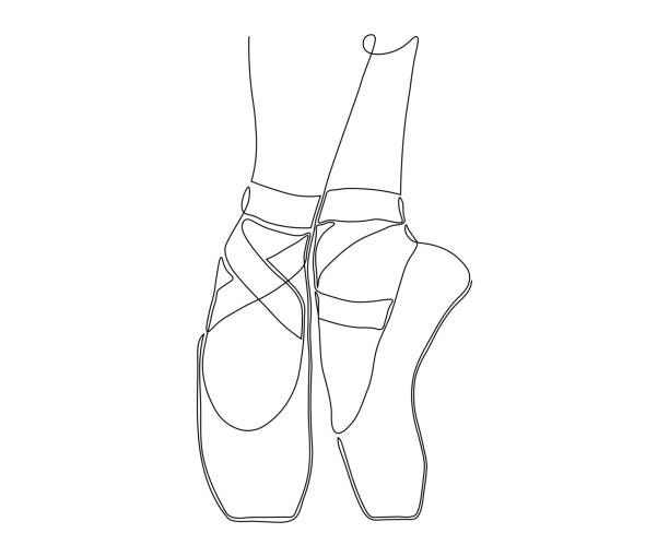 illustrazioni stock, clip art, cartoni animati e icone di tendenza di piedi da donna in scarpe da punta. disegnato a mano con una monolinea. grafica di una linea - ballerino in punta di piedi