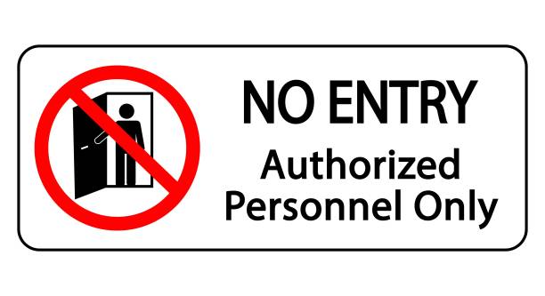 illustrazioni stock, clip art, cartoni animati e icone di tendenza di nessun ingresso, solo personale autorizzato. segno di divieto con silhouette e testo. - confined space safety danger sign