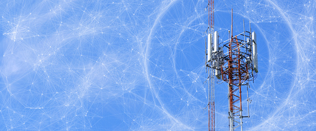 Telecommunication tower with mesh dots, glittering particles for wireless telecommunication technology