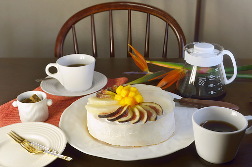Fruits Cake & Cups of Coffee on the Table/Studio Shot