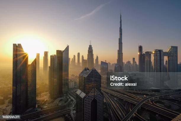 Uae Dubai Cityscape Skyline City Sunrise Morning Stock Photo - Download Image Now - Burj Khalifa, Dubai, Sunrise - Dawn