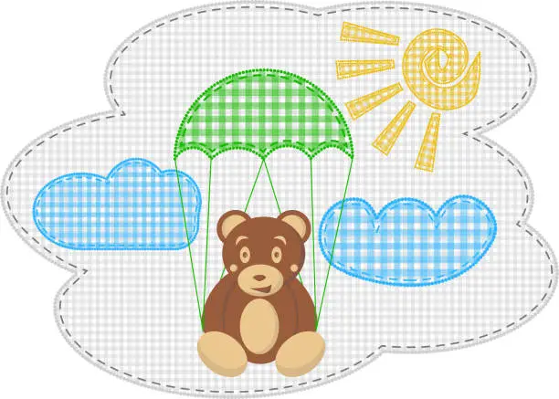 Vector illustration of Cute teddy bear on parachute in cloud sky with sun