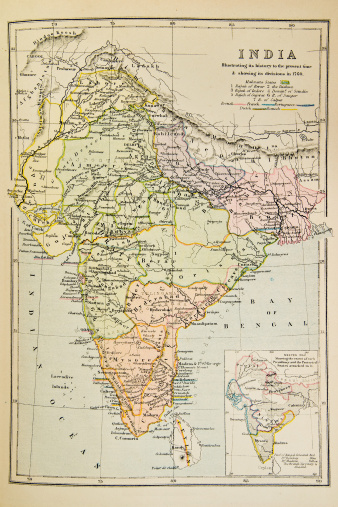 Historical map of India. Photo from atlas published in 1879 in Great Britain.