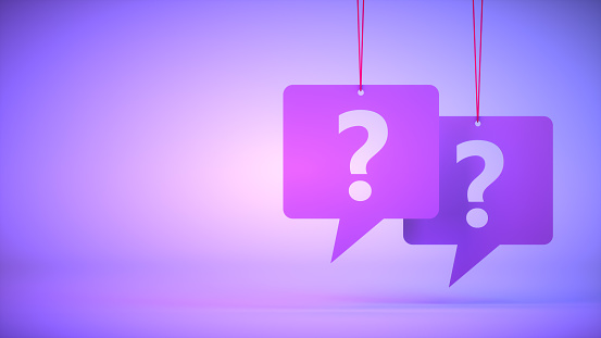 3d rendering of question mark on speech bubble. Brainstorming, business concept.