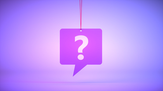 3d rendering of question mark on speech bubble. Brainstorming, business concept.