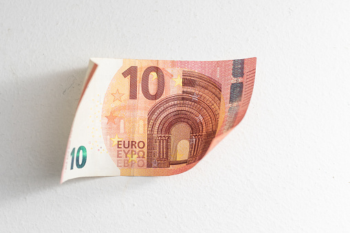 New ten euro banknote from Europe. White background. Horizontal photography.